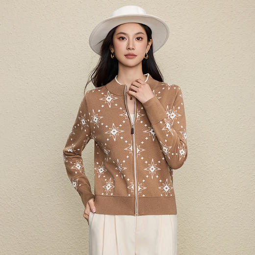 「自」全新升级【铂金会员284/天猫379/差价95】(14202)洛诗琳重工提花星星图案羊毛开衫2025秋冬立领拉链外套女 商品图4