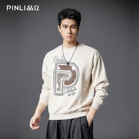 PINLI品立2025秋冬新款潮牌字母印花圆领卫衣男宽松套头休闲上衣BG253109016