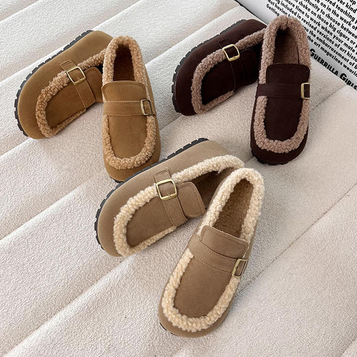 D111309森系复古加绒乐福鞋女2025秋冬款一脚蹬软底勃肯鞋棉鞋 商品图1
