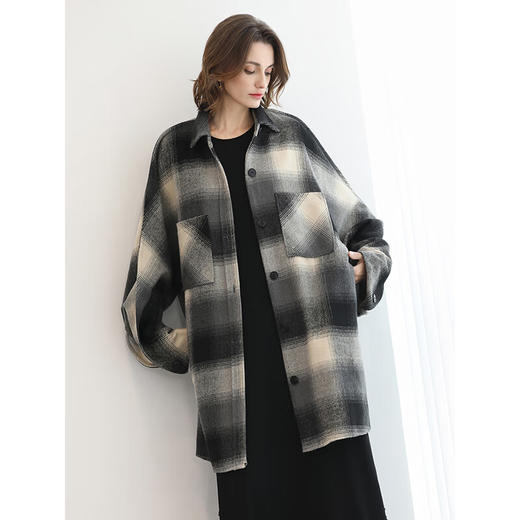 COCOBELLA英伦风格子毛呢外套秋冬中长款翻领呢子大衣WL3223 商品图3