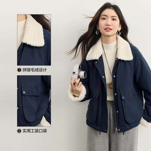 【年货节】熙世界工装巴恩风毛绒翻领羽绒服女冬2025新款大口袋白鸭绒短外套 商品图1