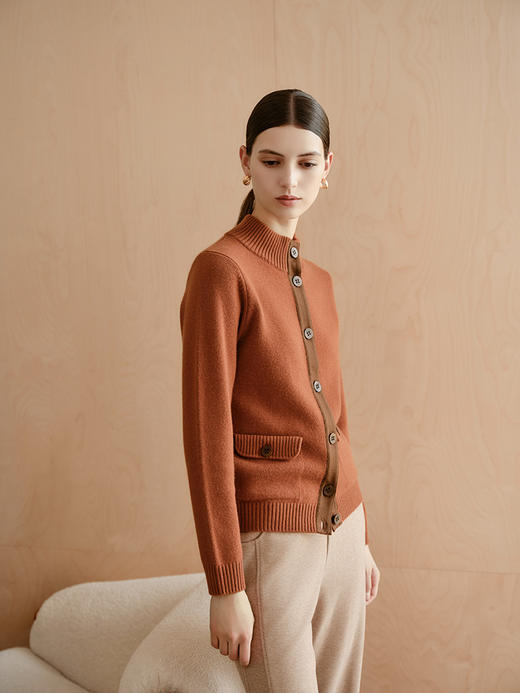 【条纹撞色针织开衫】羊绒世家秋冬新品女士100%山羊绒半高领撞色开衫 商品图1