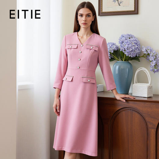 EITIE爱特爱气质精致优雅V领小香风收腰显瘦通勤连衣裙秋季新款7907619 商品图0