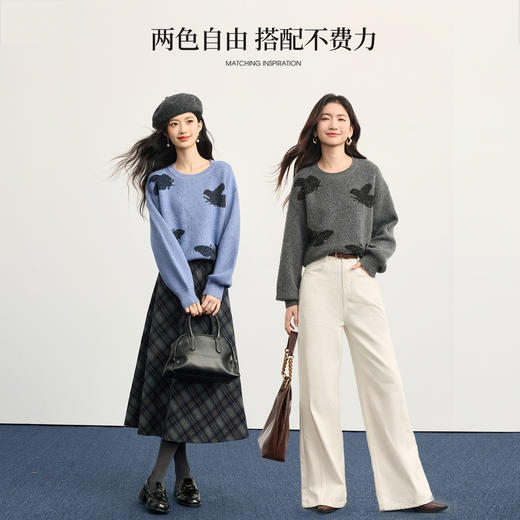 【周末秒杀】熙世界仿牛绒提花蝴蝶毛衣女秋冬2025新款宽松圆领厚款针织衫上衣 商品图2