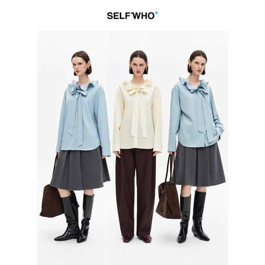 SELFWHO绵羊毛混纺荷叶领衬衫女2025冬季新款蝴蝶结胸针绑带上衣 商品图4