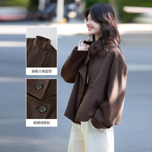 【11/14新品】熙世界老钱风复古棕色毛呢外套女小个子立领羊毛短款大衣2025秋冬 商品图1