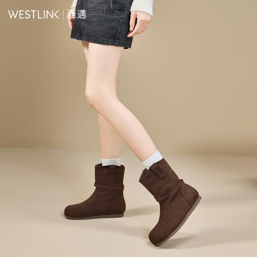 西遇勃肯短靴女新款秋冬复古圆头堆堆靴百搭平底西部牛仔靴V2257282 商品图3