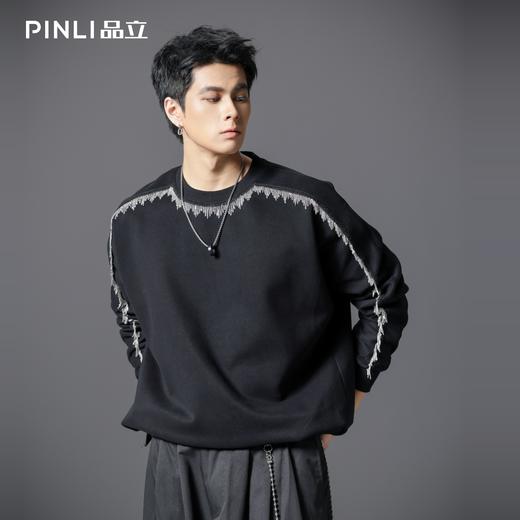 PINLI品立2025秋季新款男士金属流苏织带圆领宽松套头卫衣上衣潮B253109098 商品图3