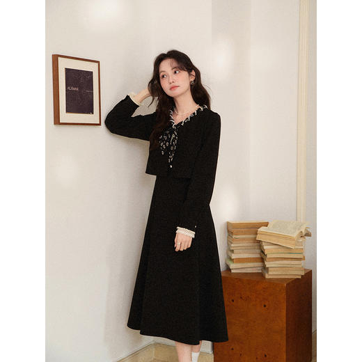 鹿向南「璀璨星河」法式黑色长袖连衣裙女秋冬新款优雅气质长裙子 商品图1