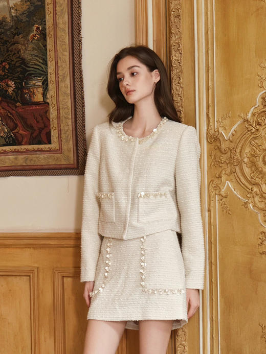 白色珠光手工钻饰粗花呢半裙 商品图0