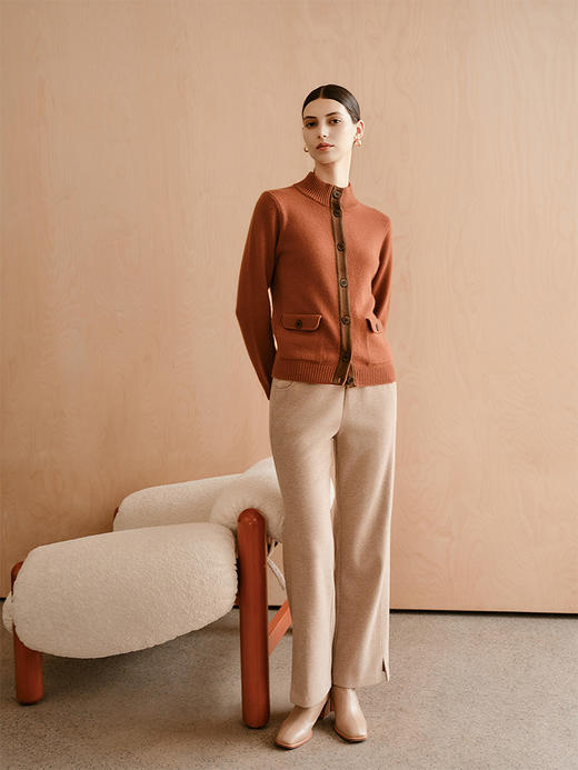 【条纹撞色针织开衫】羊绒世家秋冬新品女士100%山羊绒半高领撞色开衫 商品图2