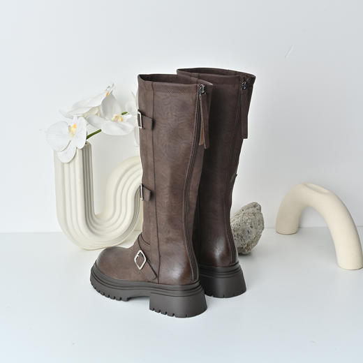 经典鲨2025年冬季专柜新品百搭圆头加绒潮酷长筒靴骑士靴女KW178-558101 商品图1