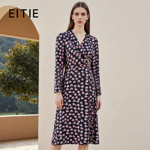EITIE爱特爱V领收腰显瘦气质印花连衣裙秋季新款7907621 商品图0