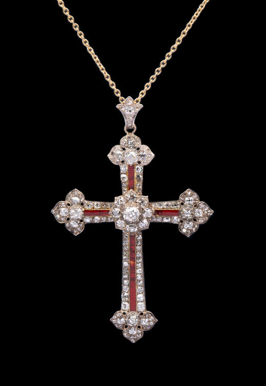 独角鹿西洋古董1850-1870年代欧洲出品黄金底纯银镶嵌钻石及红色珐琅十字架造型吊坠 商品图2