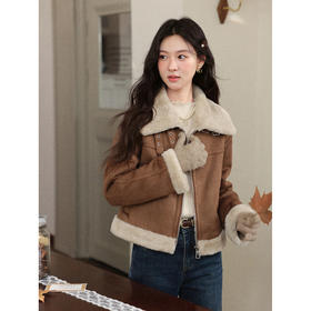 鹿向南「冬日栗香」美拉德棕色皮毛一体短外套女2025冬季新款上衣