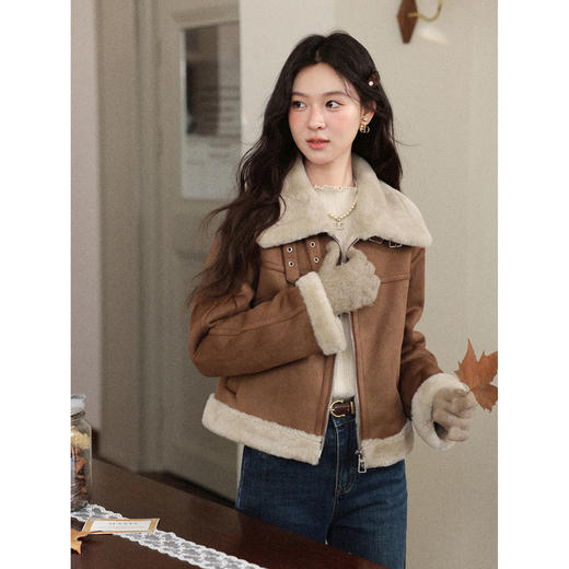 鹿向南「冬日栗香」美拉德棕色皮毛一体短外套女2025冬季新款上衣 商品图0