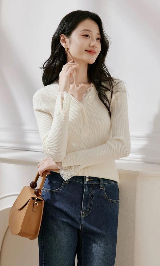 D111315冬季新款v领蕾丝拼接针织衫羊毛显瘦针织上衣 商品图8