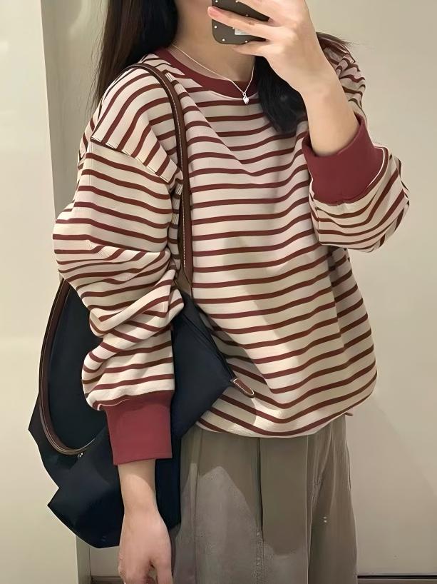 韩系复古撞色条纹卫衣 秋冬季宽松慵懒风内搭套头上衣