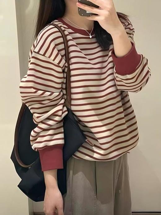 韩系复古撞色条纹卫衣 秋冬季宽松慵懒风内搭套头上衣 商品图0