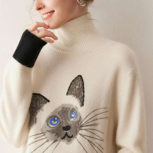 「自」全新升级【铂金会员487/天猫659/差价172】(11649)洛诗琳新款小猫提花羊绒衫2025秋冬宽松通勤百搭中长款毛衣 商品图4