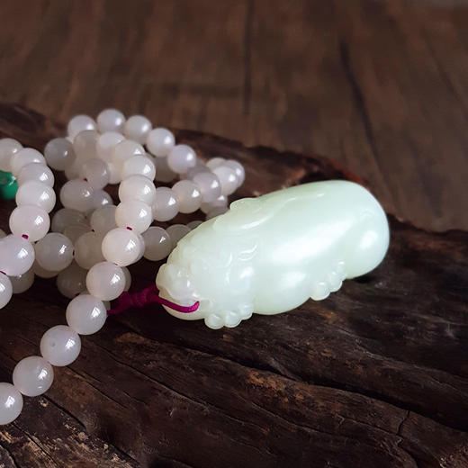 【天然正品】天然约6MM烟紫和田玉圆珠配新疆料貔貅造型和田玉（招财、平安）吊坠项链吊坠：50.9*22.6*16.9MM / 项链：68CM中性061125NJM09 商品图2