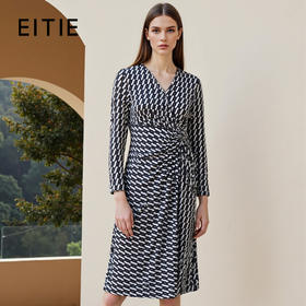 EITIE爱特爱优雅法式V领收腰气质印花连衣裙秋季新款7907618