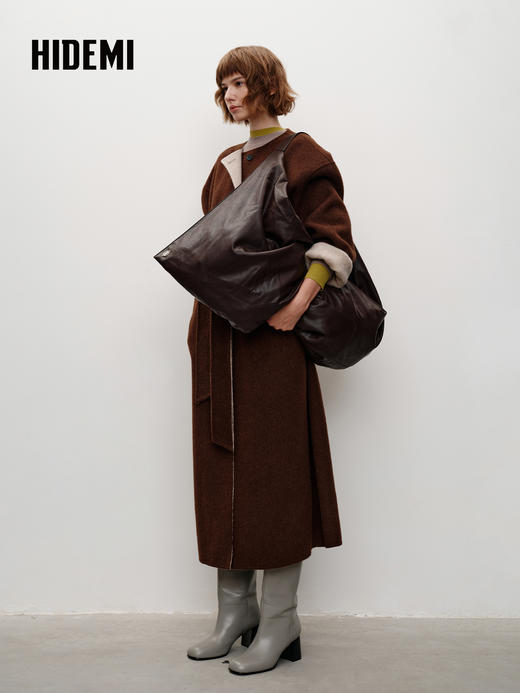 HIDEMI 进口美利奴羊毛撞色双面呢大衣圆领浴袍腰带长款外套 咖啡色撞燕麦米 商品图3