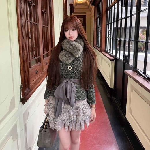 LIN BOUTIQUE 法式老钱名媛风 羽毛流苏半身裙+加厚收腰绗棉外套 商品图2