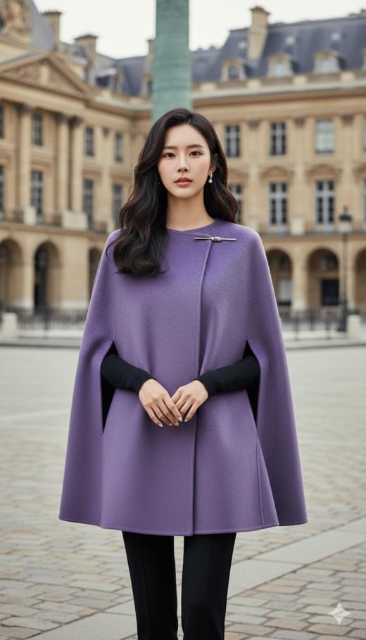 优雅圆领单扣小斗篷双面工艺大衣 商品图1