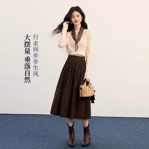 【11/14新品】熙世界复古咖啡色灯芯绒半身裙女秋冬美拉德高腰中长款a字裙伞裙 商品图2