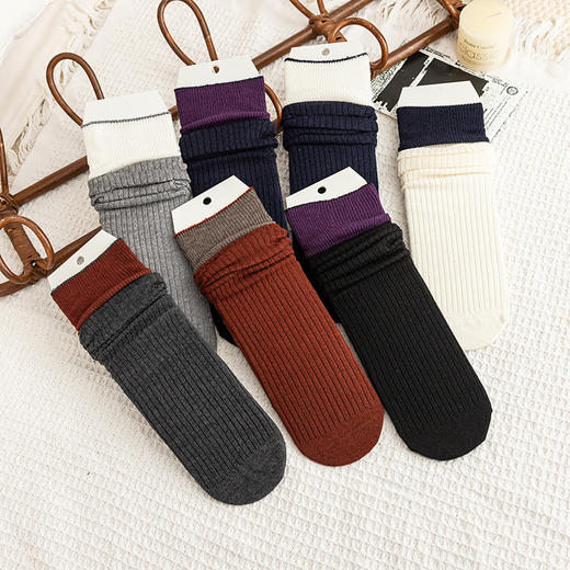 【2双装】女士拼色双针法式风堆堆袜抗起球羊毛堆堆袜【6双6折 2522813】 商品图4
