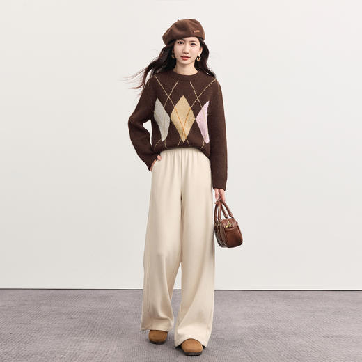 【11/14新品】熙世界miu系学院撞色菱格毛衣女25秋冬新款慵懒风正肩圆领针织衫 商品图2