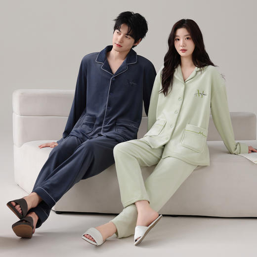 爱帝双面海岛绒厚款长袖翻领家居服套装情侣款 商品图2
