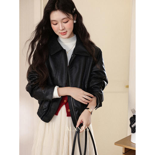 鹿向南「墨氅凝香」黑色皮衣外套女秋季款独特高级翻领加绒夹克女 商品图1