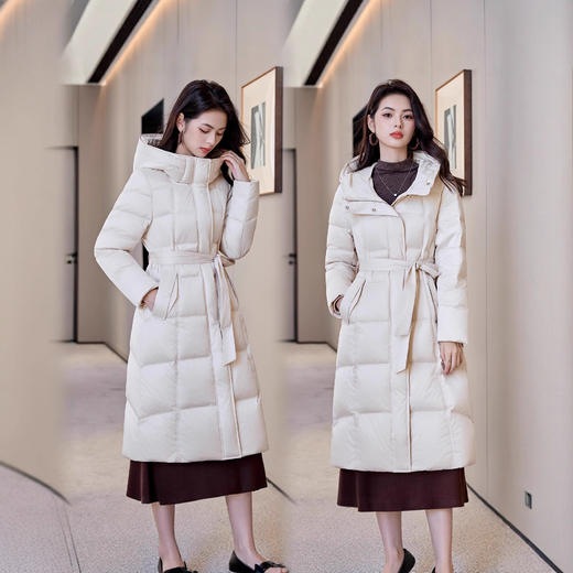 ASE 7765时尚简约纯色过膝外套连帽系带显瘦长款 商品图2