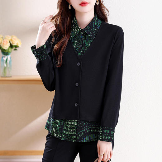 KQL E324N1781假两件针织衫气质绿花衬衫拼接打底衫 商品图1