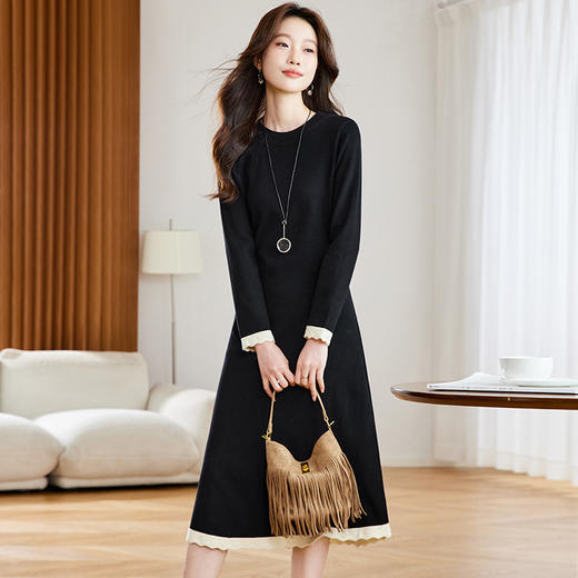 高级感黑色针织连衣裙，小众别致裙子内搭中长款毛衣裙CC-22-2822 商品图1
