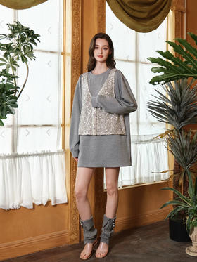 银灰色细闪星河假两件长卫衣连衣裙