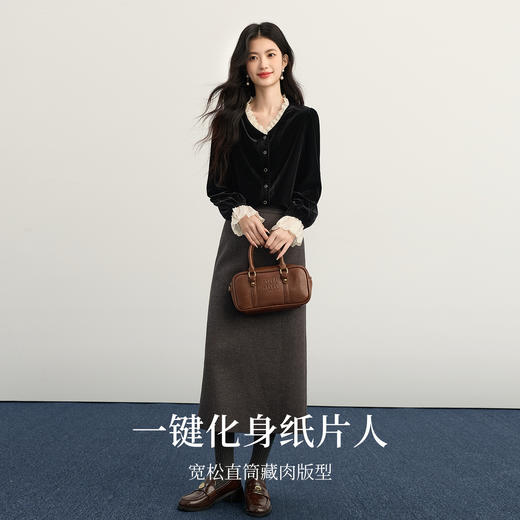 【11/14新品】熙世界法式赫本黑色蕾丝木耳边V领金丝绒衬衫上衣女2025秋冬新款 商品图2