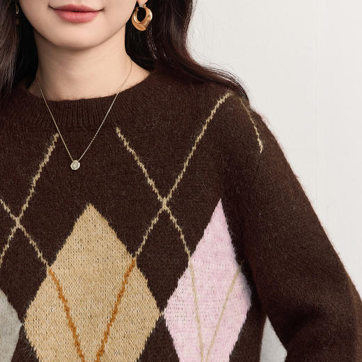 【11/14新品】熙世界miu系学院撞色菱格毛衣女25秋冬新款慵懒风正肩圆领针织衫 商品图3