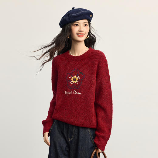 【11/14新品】熙世界氛围感韩系红色毛衣女宽松慵懒秋冬刺绣花朵圆领套头针织衫 商品图2