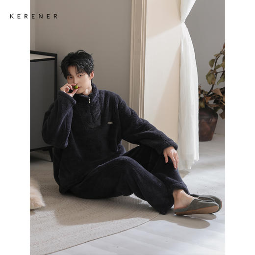 可人儿冬季男士保暖舒棉绒睡衣秋冬休闲立领男款加厚珊瑚绒家居服 商品图1