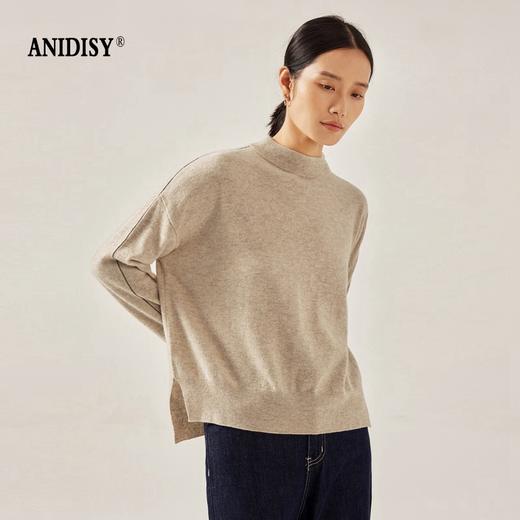 山羊绒圆领落肩长袖侧开叉套头毛衣 商品图1