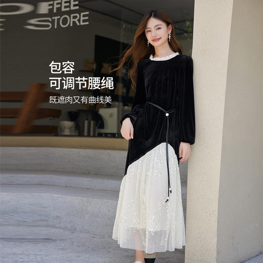 【11/14新品】熙世界优雅赫本千金风亮片网纱拼接黑色丝绒连衣裙女2025秋冬新款 商品图1
