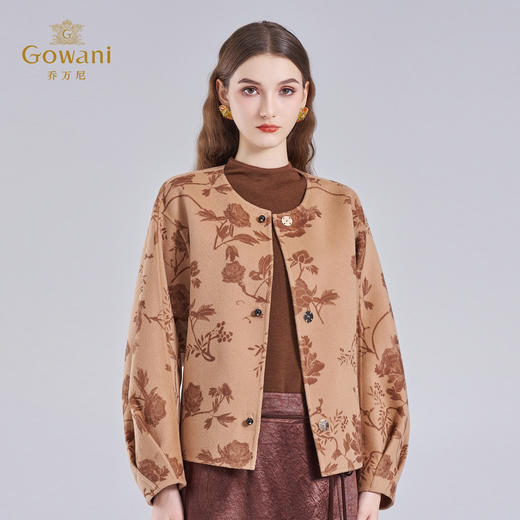 乔万尼2025冬新品100%绵羊毛提花艺术感无领优雅短款毛呢大衣外套ED4B792 商品图1