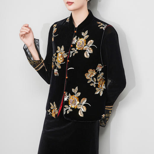 「高货wl」全新升级【铂金会员441/天猫599/差价158】(11758)洛诗琳新中式真丝丝绒夹棉外套2025冬国风刺绣加厚马甲wl11758 商品图0