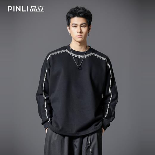 PINLI品立2025秋季新款男士金属流苏织带圆领宽松套头卫衣上衣潮B253109098 商品图0