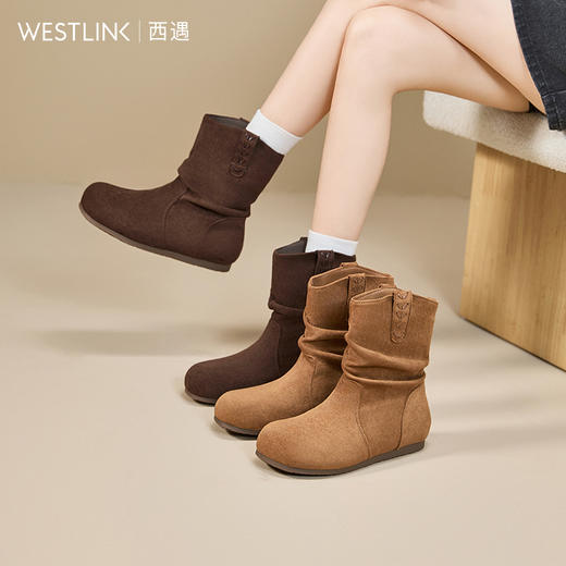 西遇勃肯短靴女新款秋冬复古圆头堆堆靴百搭平底西部牛仔靴V2257282 商品图0