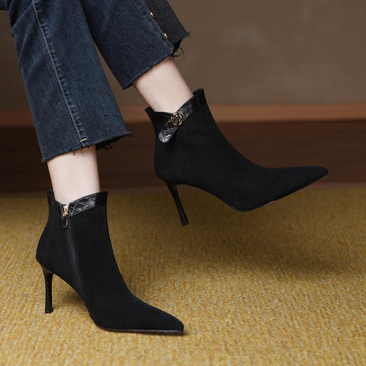 【预售5天】羊皮尖头高跟短靴秋冬加绒侧拉链细跟显瘦靴气质名媛时尚及踝靴&YC-566 商品图0