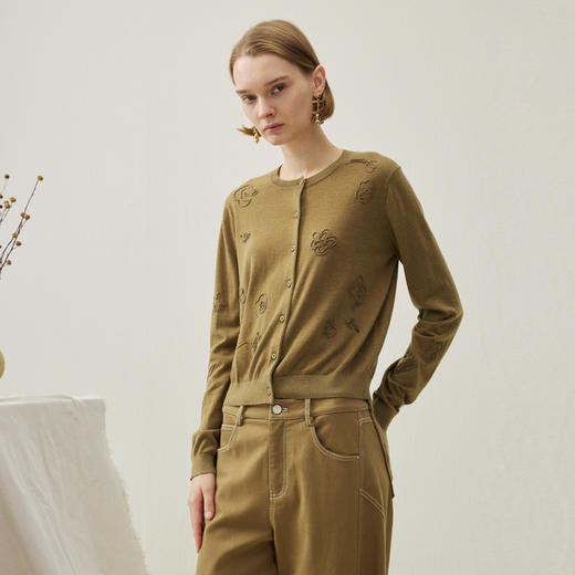 谜底针织开衫长袖2025冬季新品圆领复古绣花百搭短款女254MZ1910 商品图1